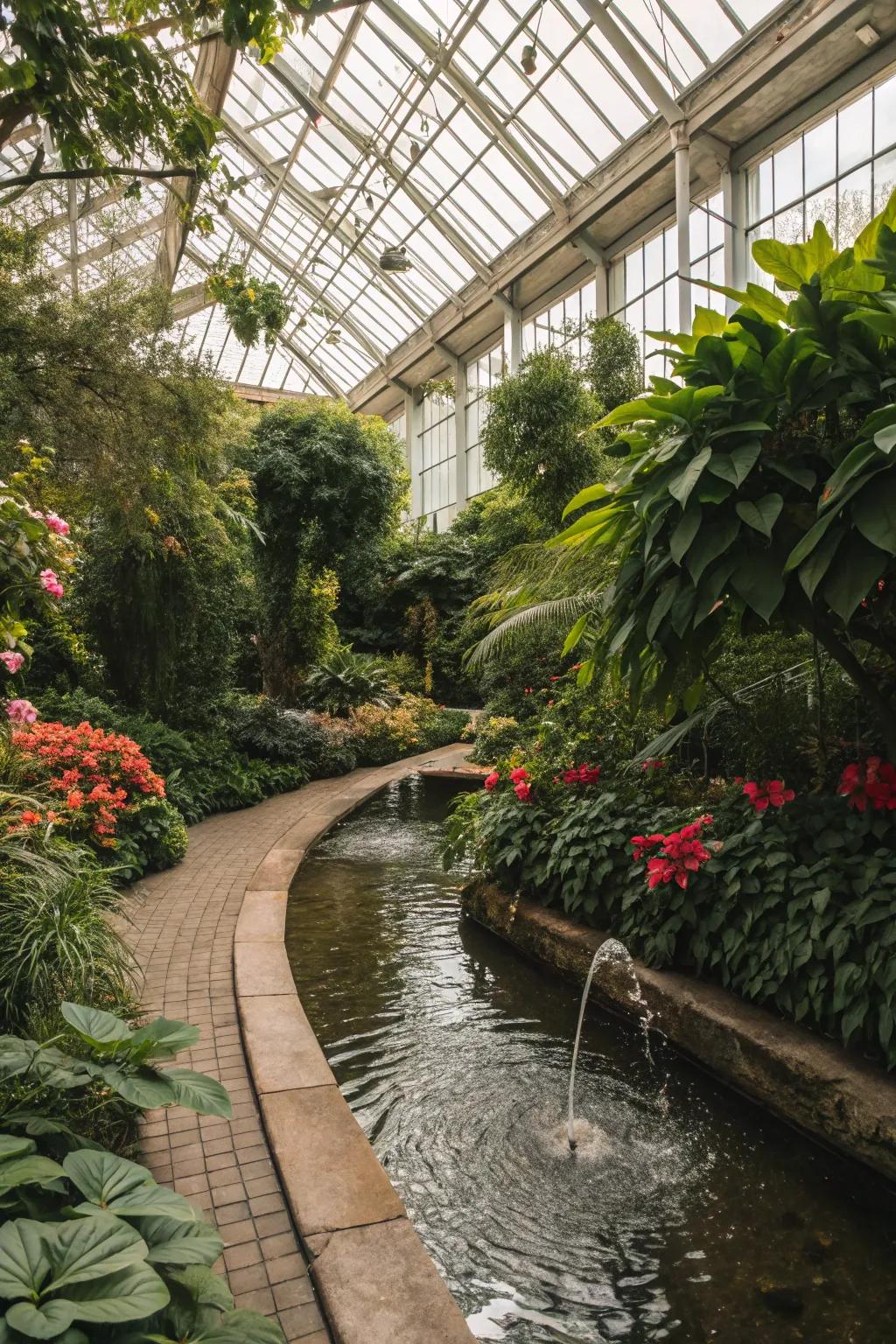 A small water feature adds soothing sounds and ambiance to a greenhouse.