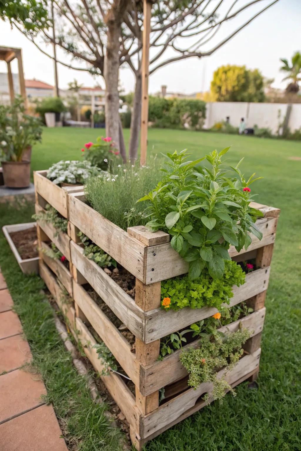 Wooden pallets offer a rustic base for hydroponics.