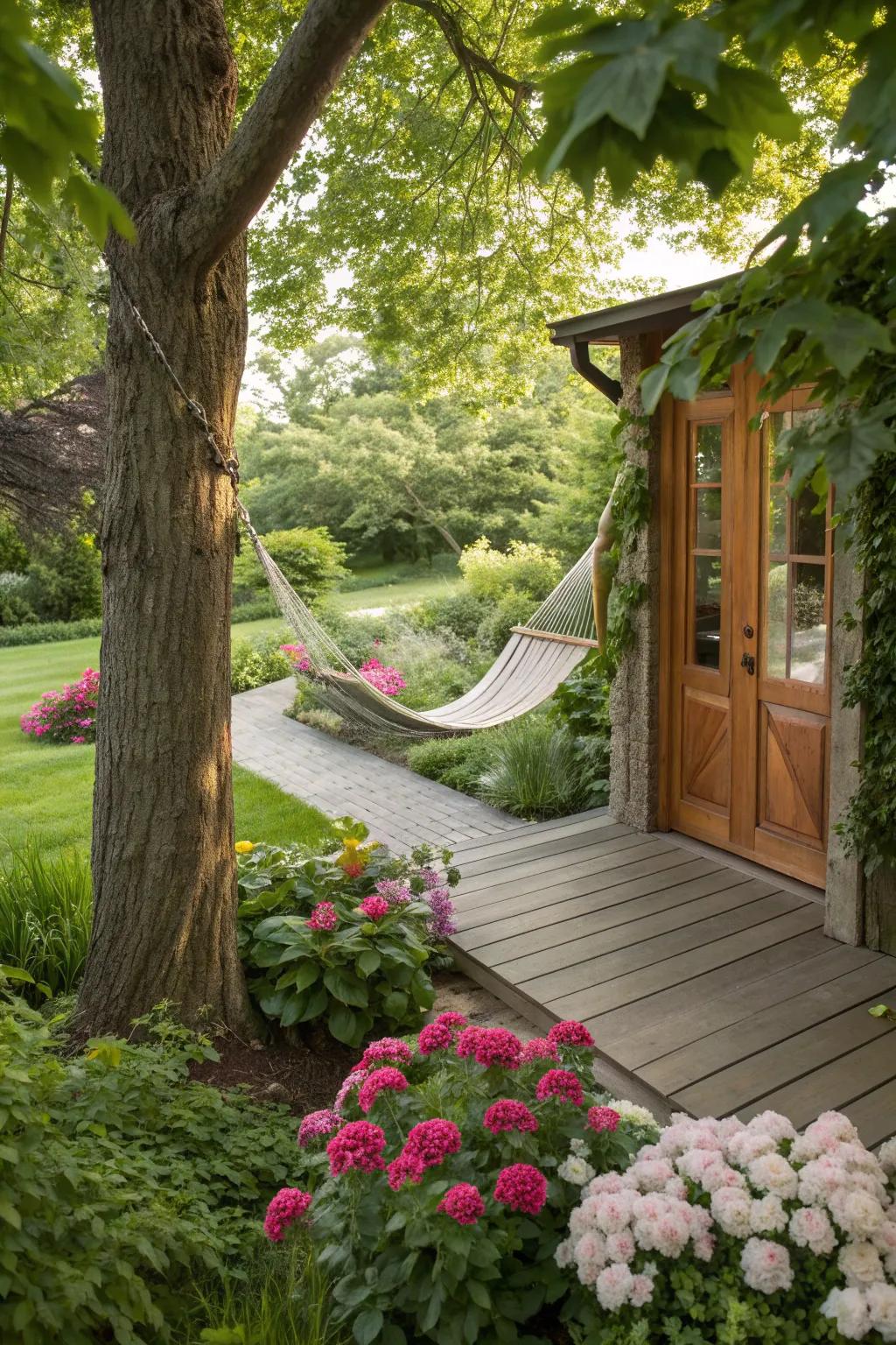 A tranquil garden deck featuring a cozy hammock area.