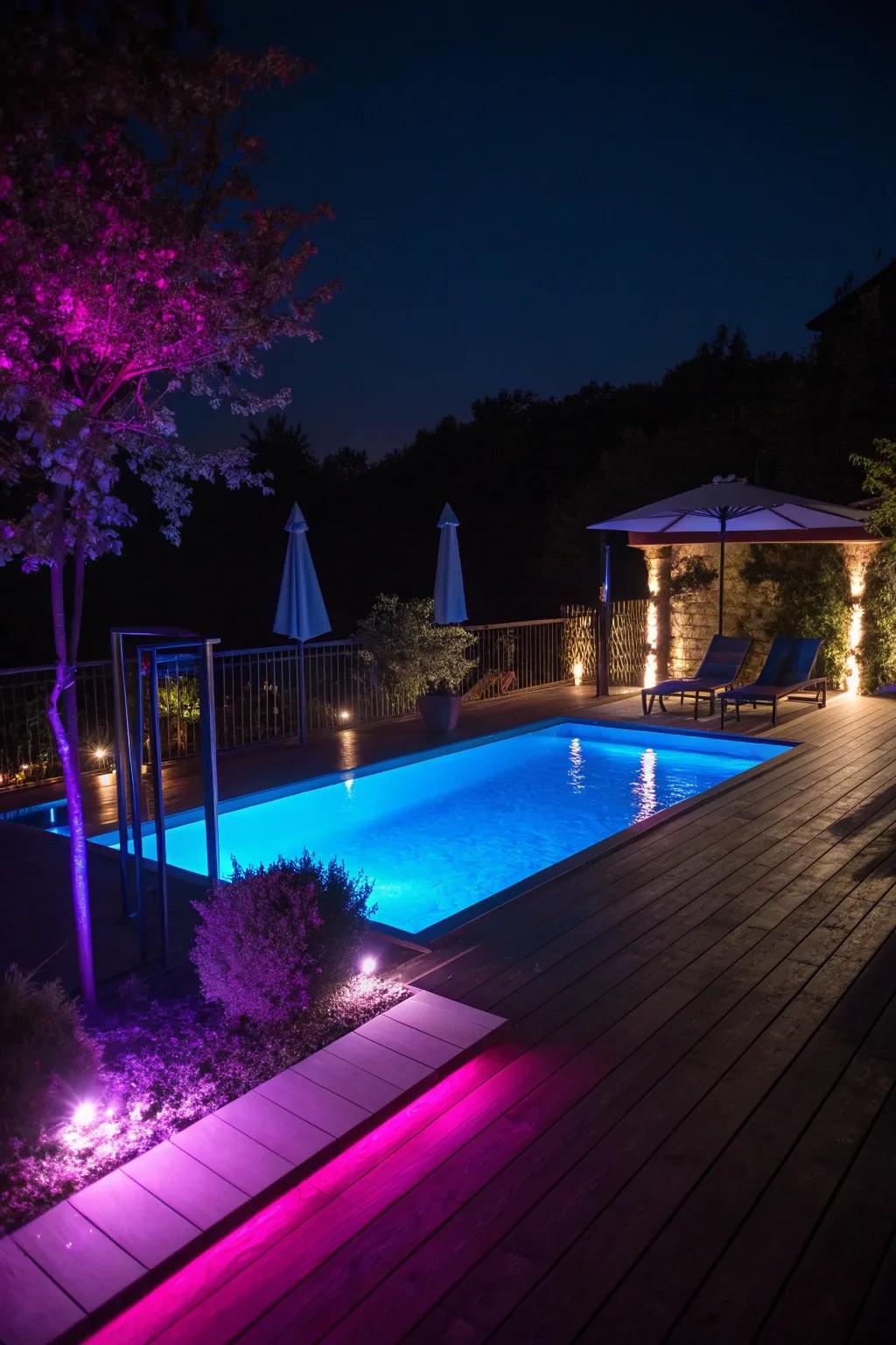 Illuminate your poolside with enchanting LED lighting.