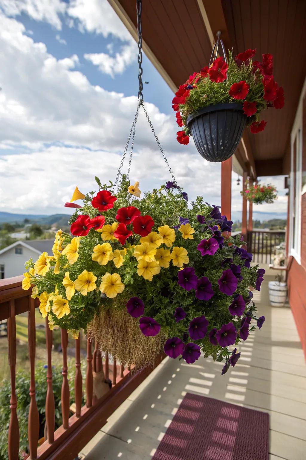 Playful color-blocked hanging basket.