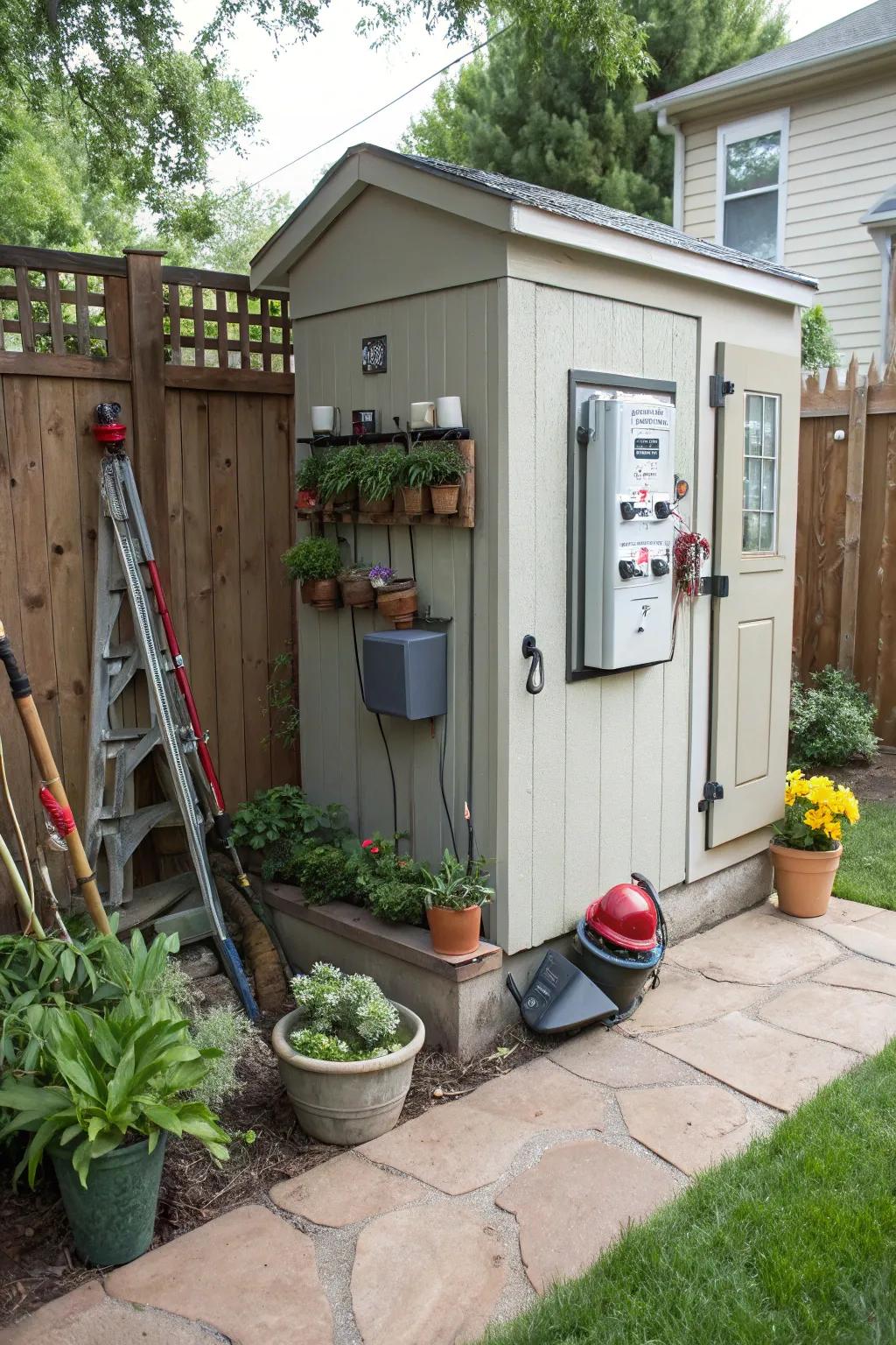 A mini garden shed provides storage and hides your panel.