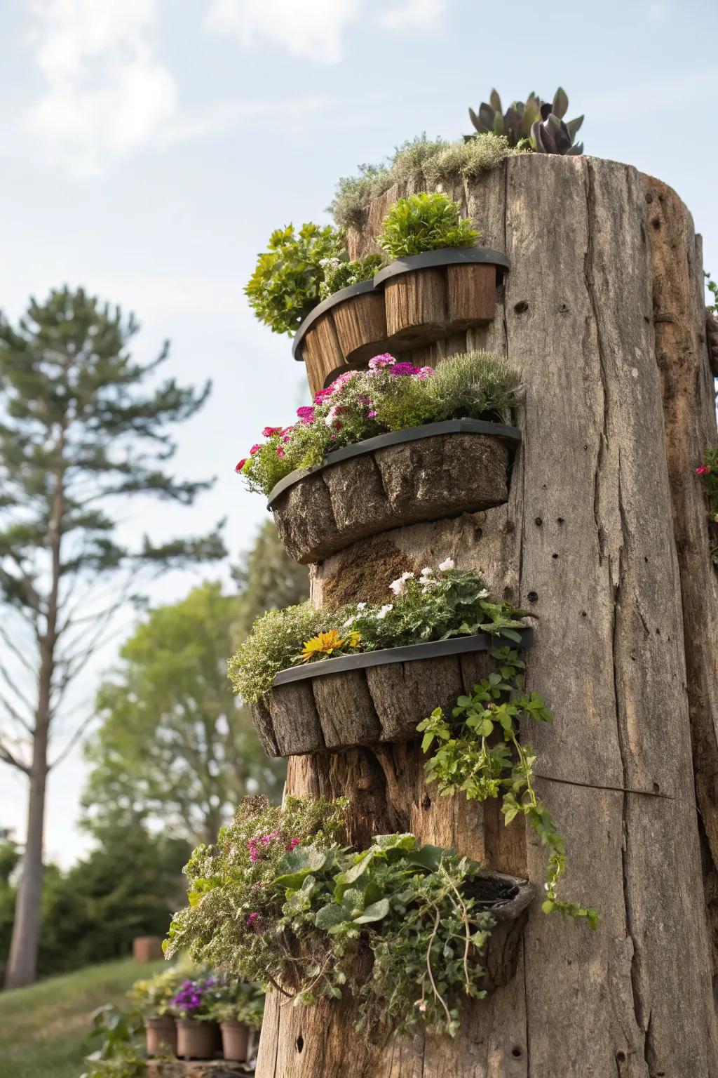 A vertical garden flourishing on a tree stump.