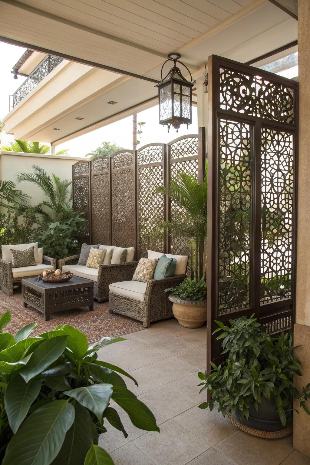 A stylish patio with decorative privacy screens.