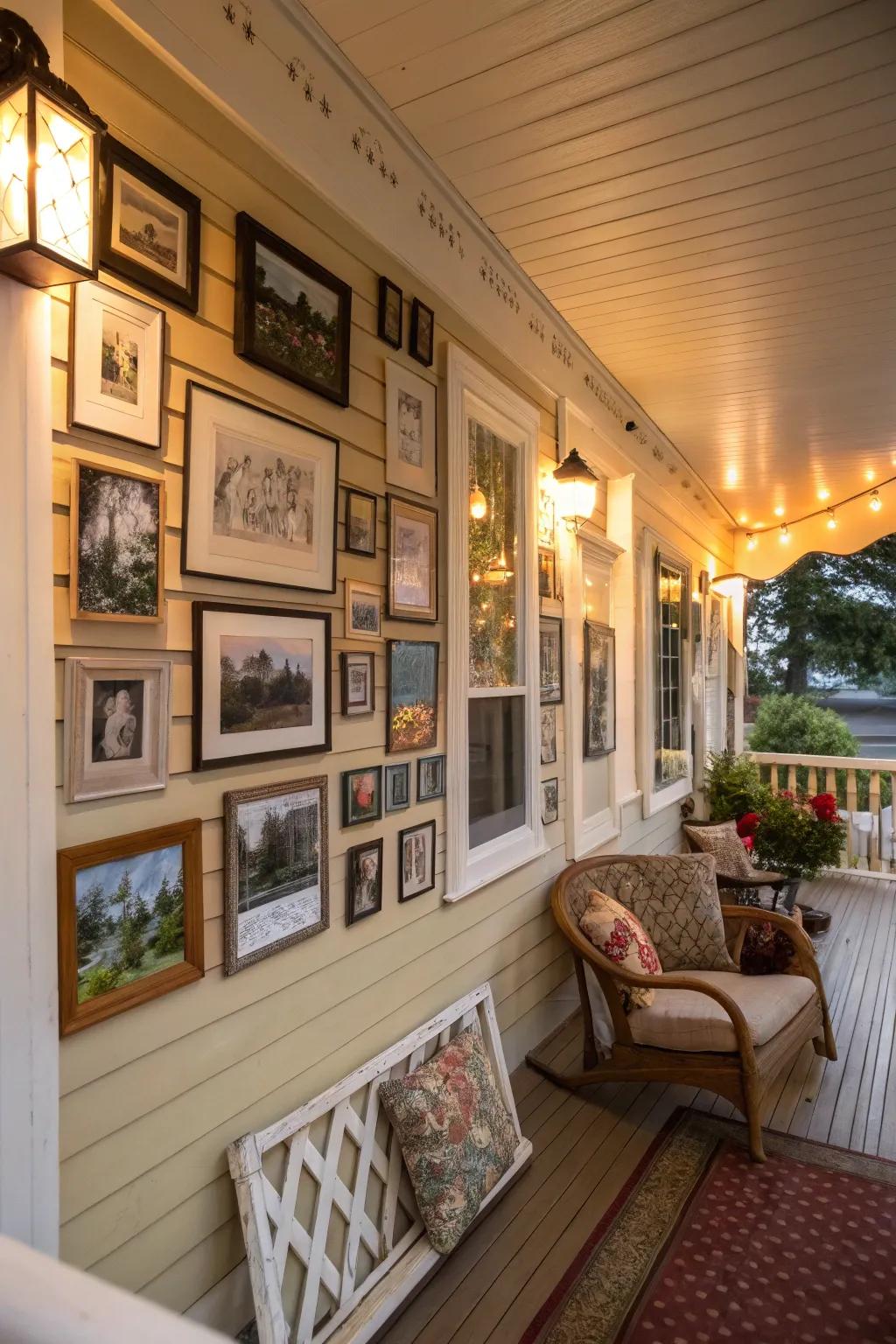 A gallery wall of personal photos makes your porch uniquely yours.