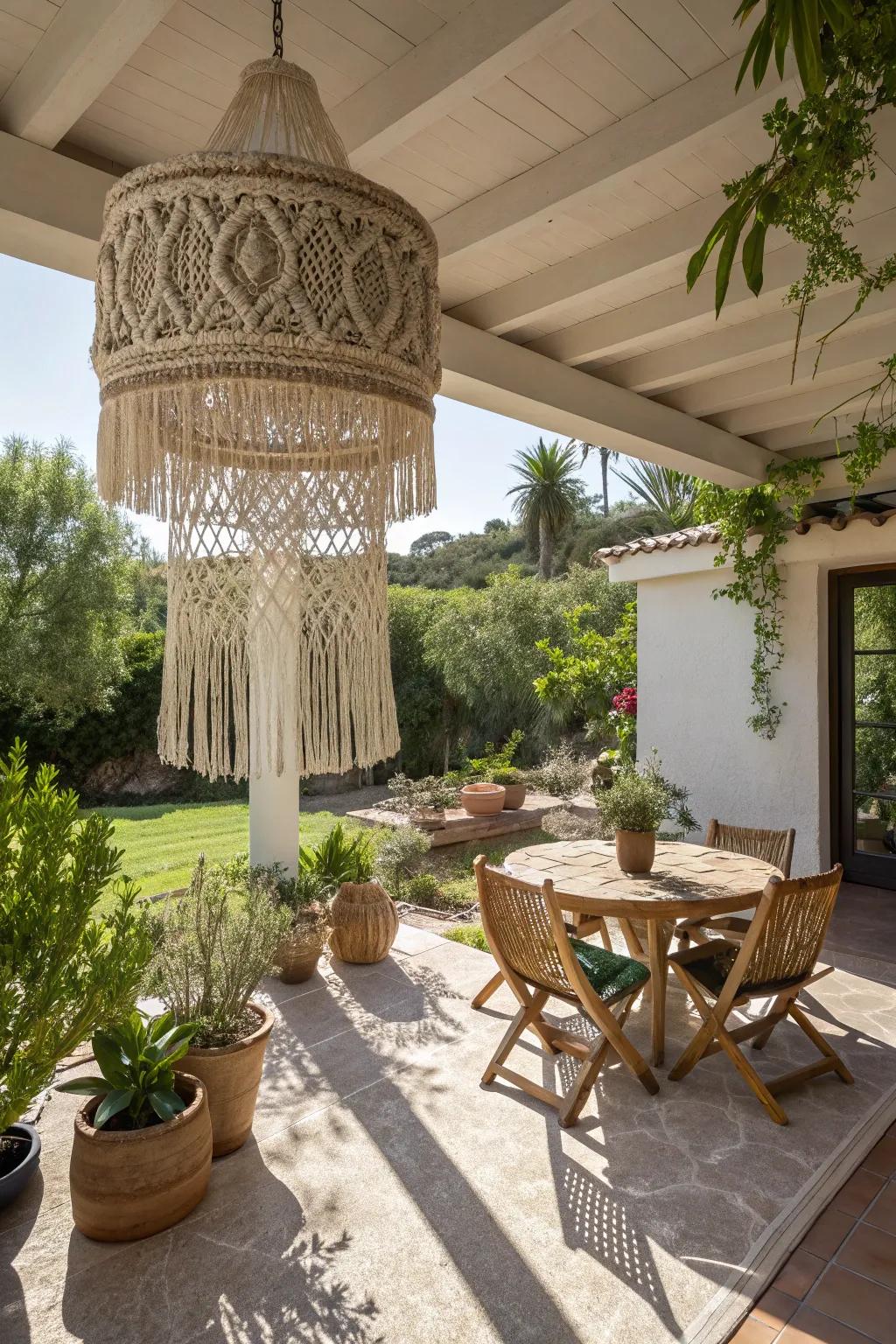 A macramé shade adds artistic charm and shade.