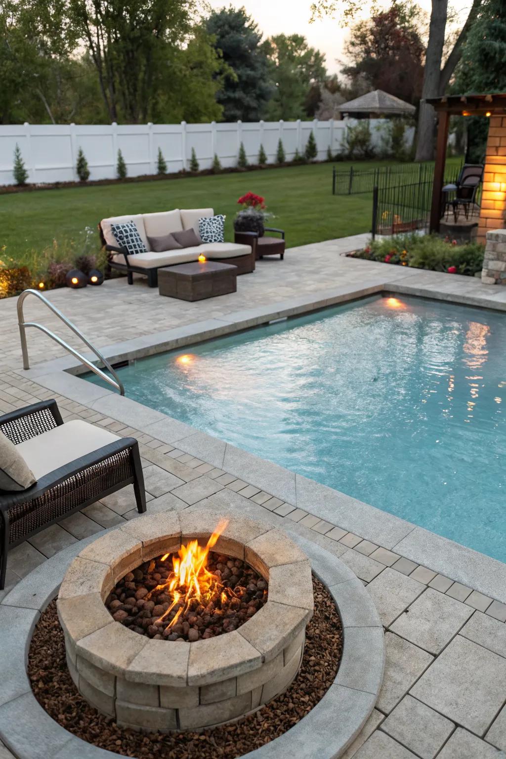 Add a cozy touch with poolside fire features.