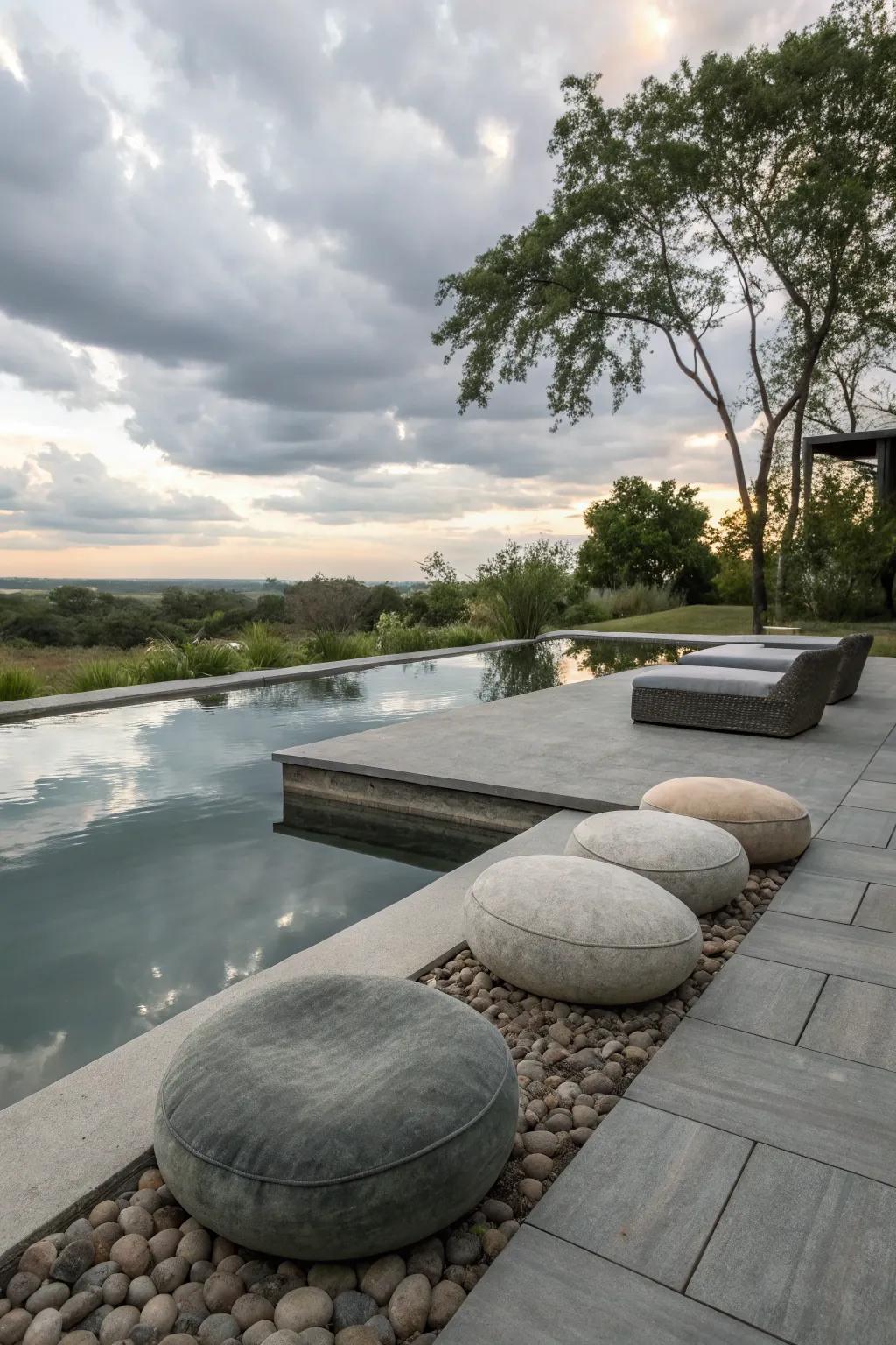 Meditation corners offer a tranquil space to relax by the pool.