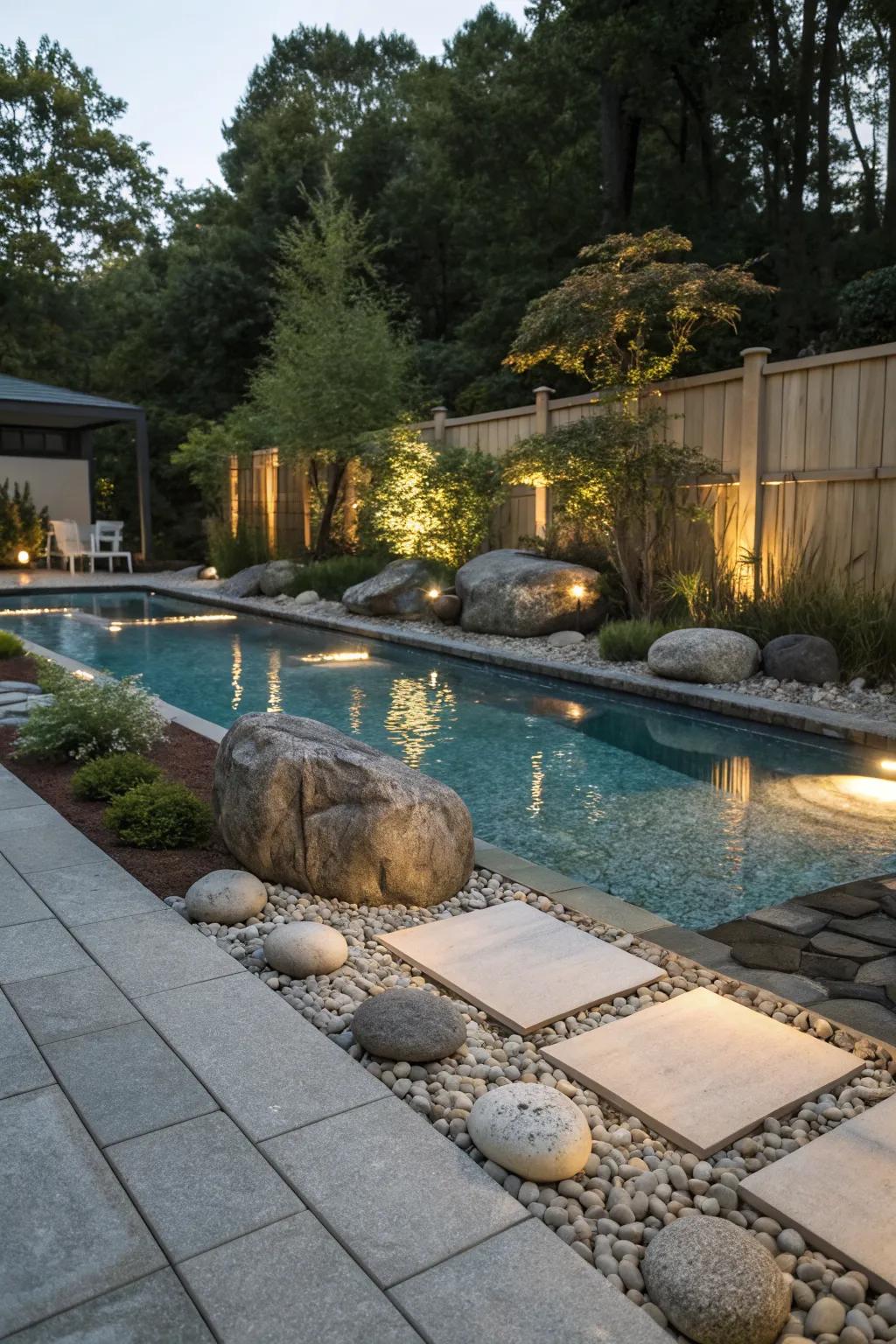 A Zen garden by the pool enhances peace and tranquility.