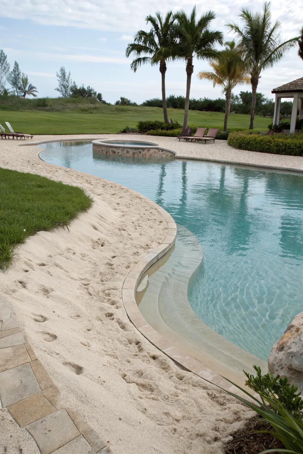 A beach entry in an inground pool, offering a gentle and inviting entrance.