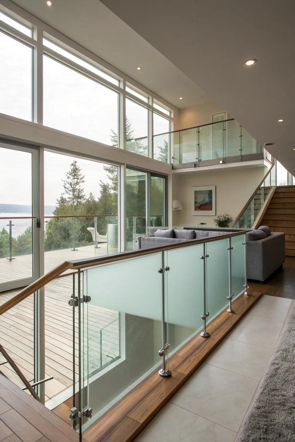 Frosted glass railings provide privacy with a sleek, modern touch.