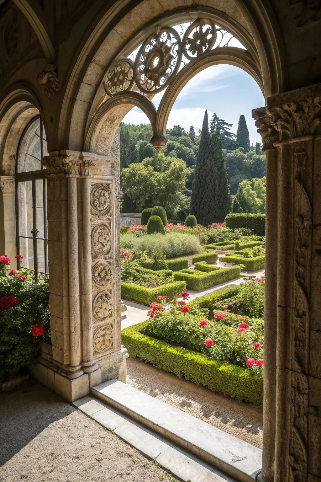 An arched window framing a picturesque garden view.