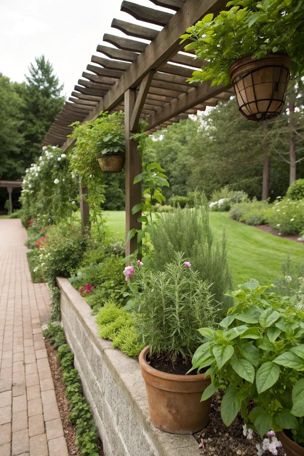 An herb garden pergola offers both fragrance and functionality.