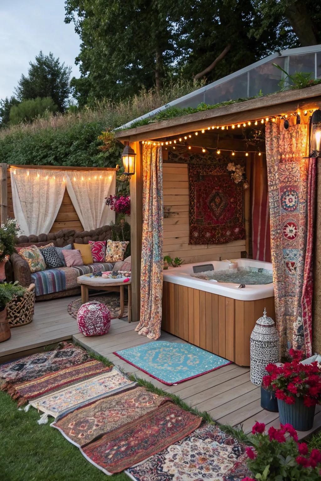 A bohemian bliss jacuzzi shed with vibrant textiles and patterns.
