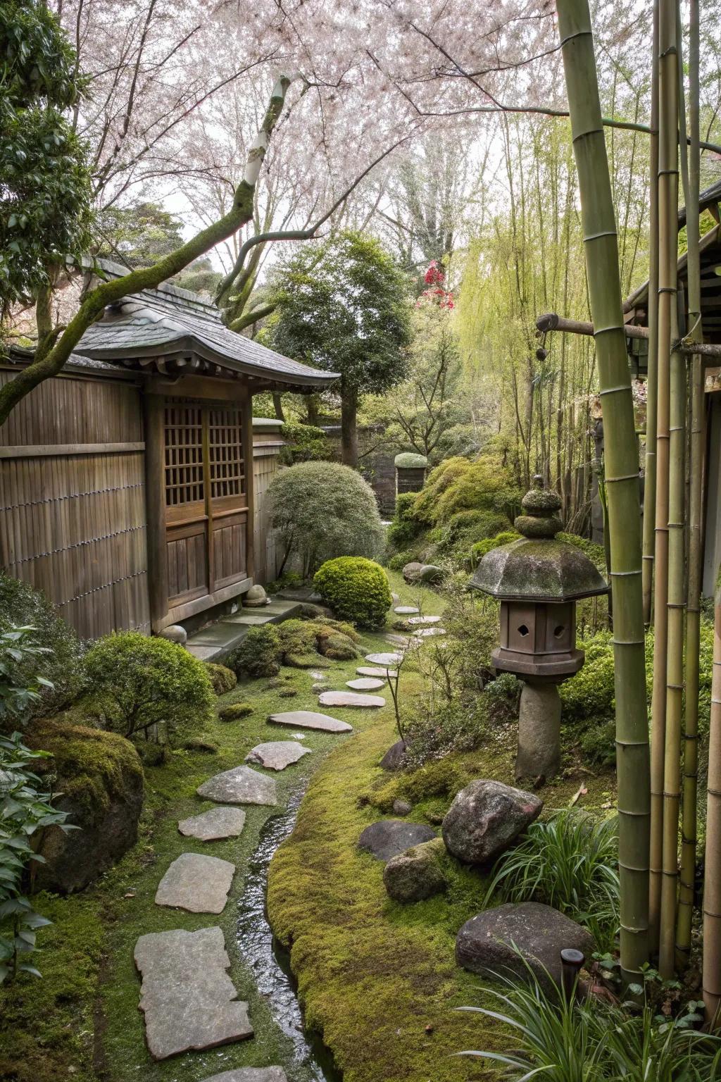 Hidden elements adding mystery and intrigue to a Japanese backyard.