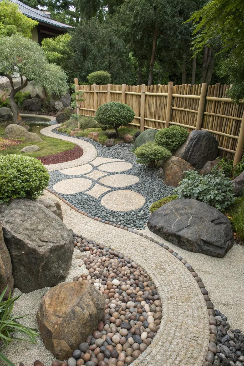 Pebble ground cover adds texture and low-maintenance beauty.