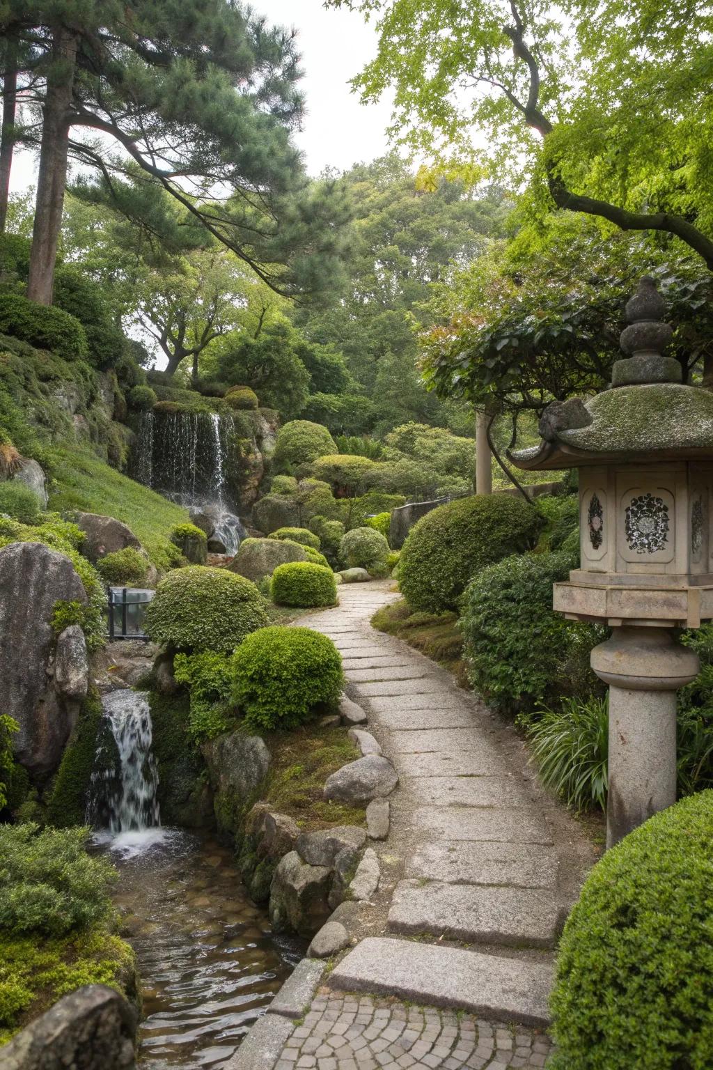 Path in a Japanese garden leading to a hidden waterfall, creating a surprise element.