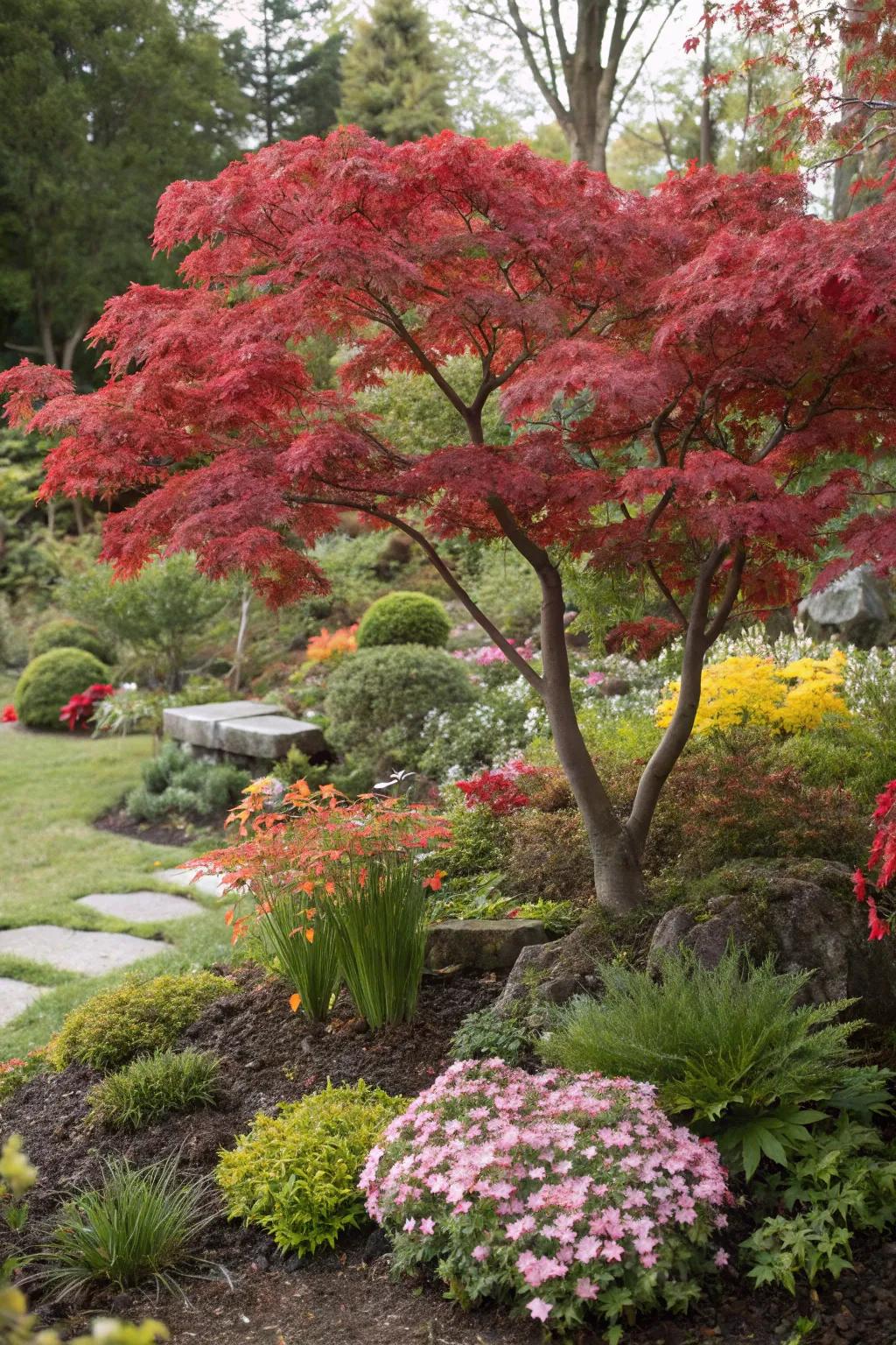 Create harmony with color-coordinated Japanese maples.