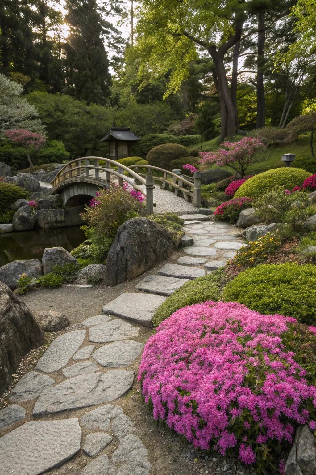 Seasonal plants add dynamic interest to the garden.