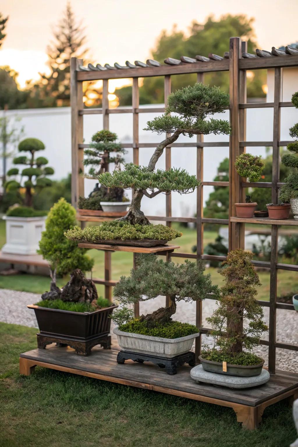 A trellis with a bonsai display adds artistic flair to the garden.
