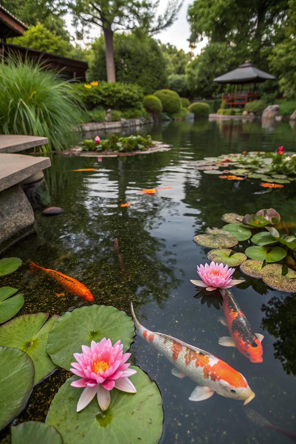 Blooming aquatic plants adding color and texture to a koi pond.