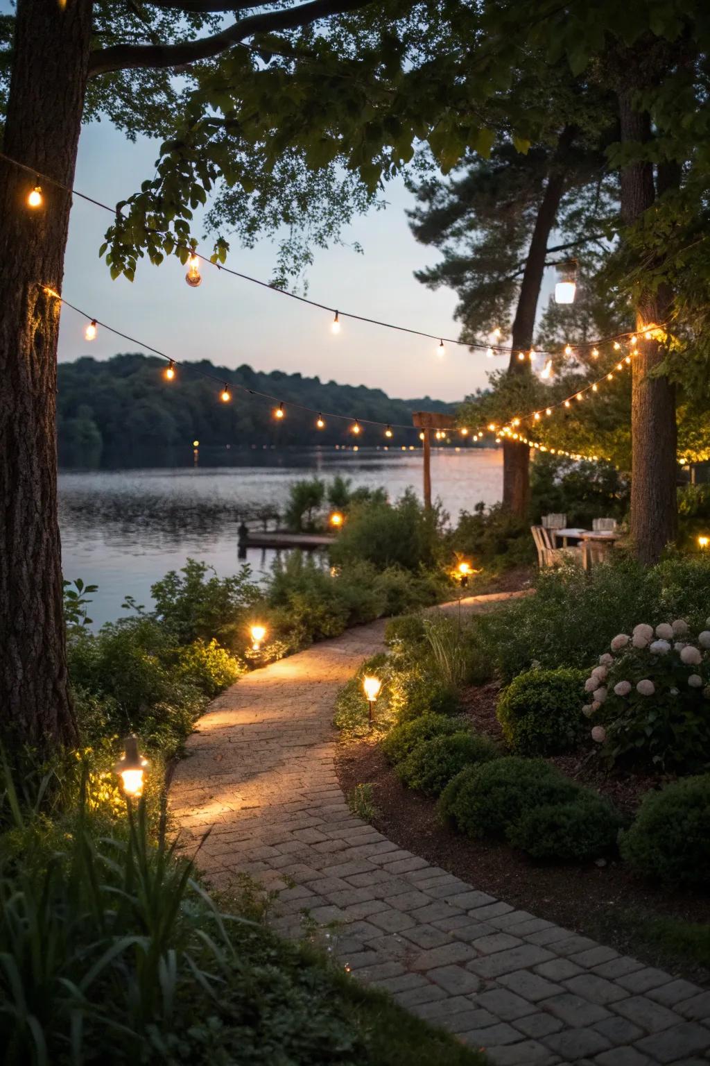 Strategic lighting creating a magical lakeside ambiance.