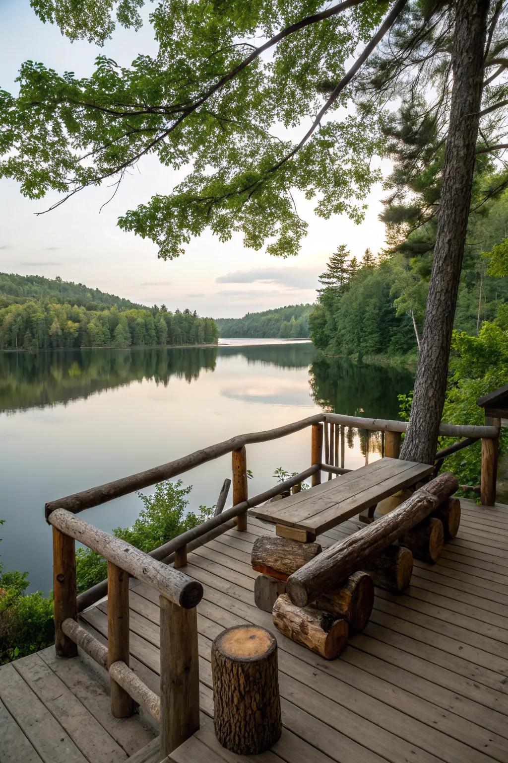 Log seating adds rustic charm to your lakeside deck.