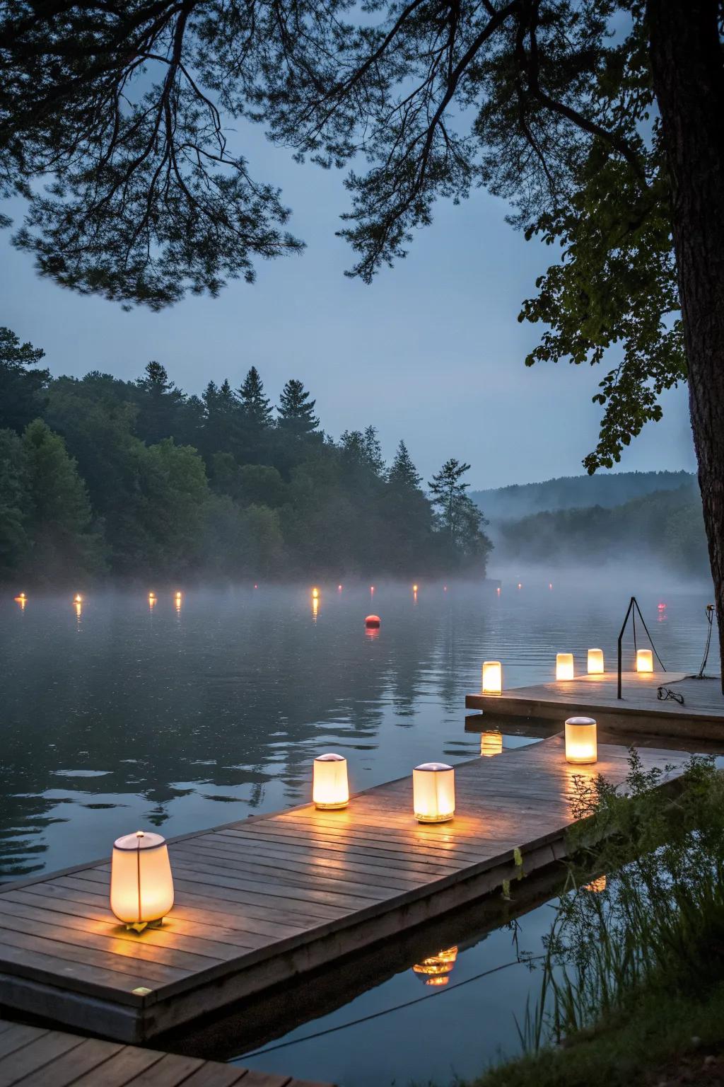 Floating markers provide guidance and style to this well-lit dock area.