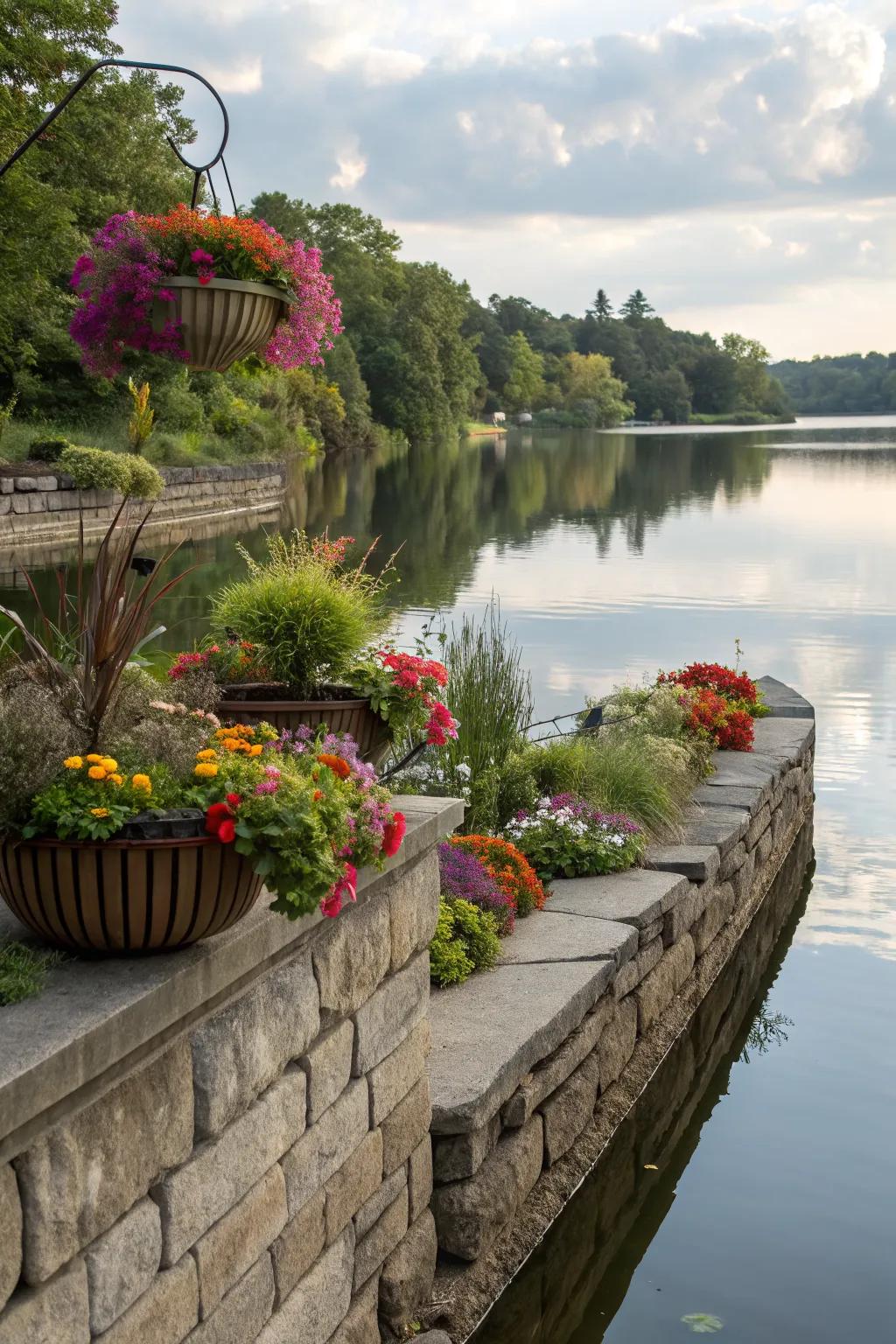 Floating garden beds add a whimsical touch to this retaining wall.