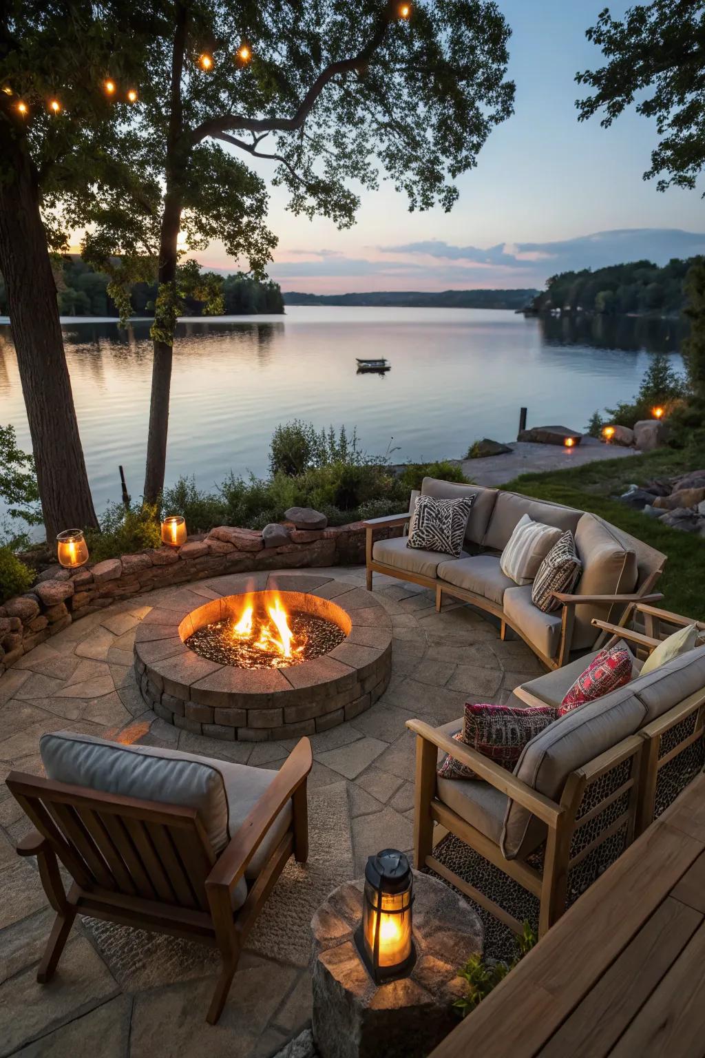 A sunken fire pit area creating a cozy and inviting atmosphere.