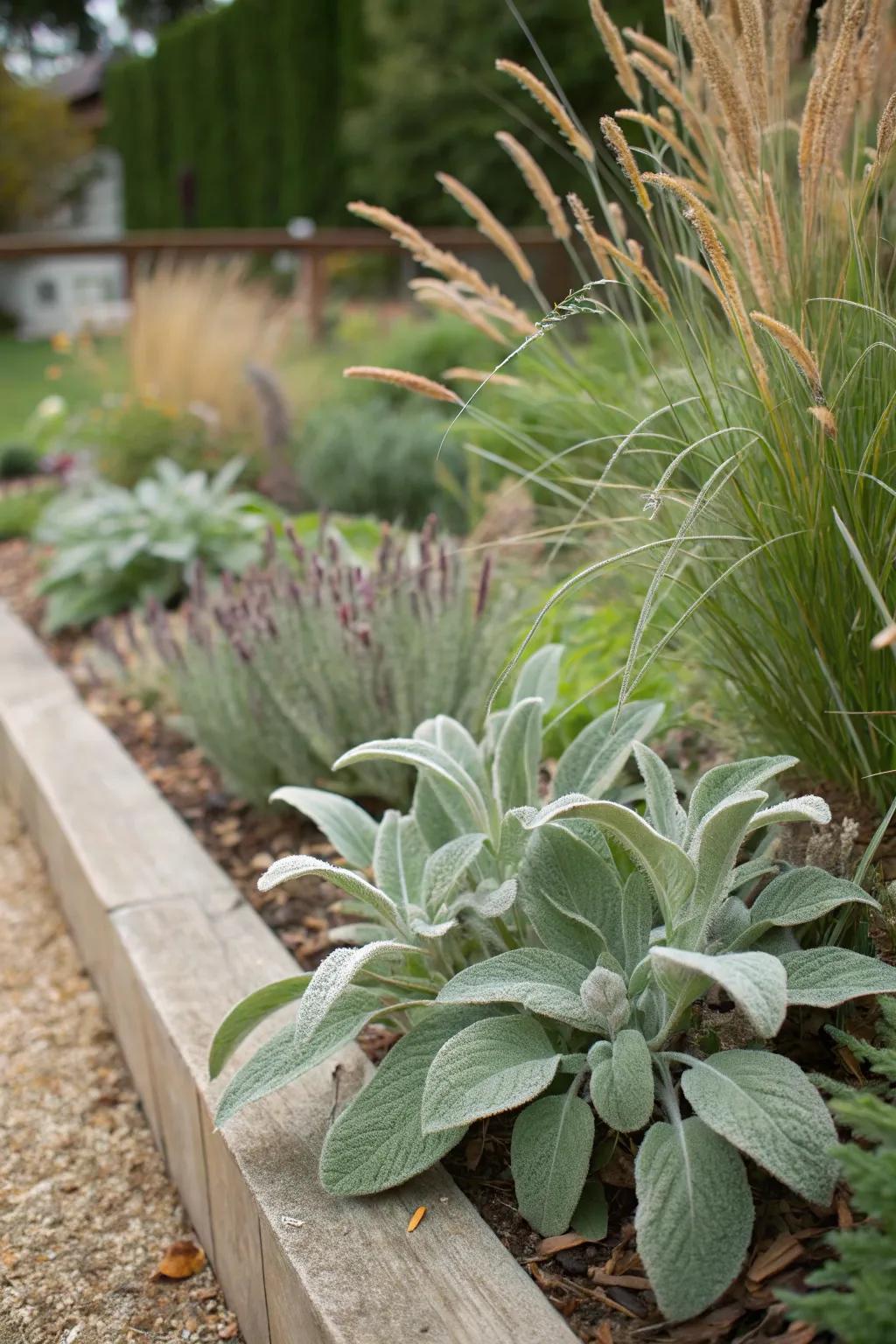 Lamb's ear adds texture richness alongside ornamental grasses.