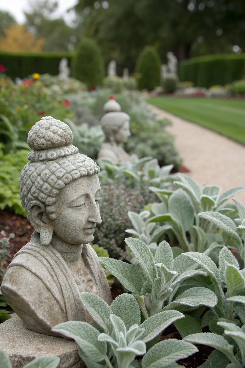 Lamb's ear accentuating garden sculptures with its soft foliage.