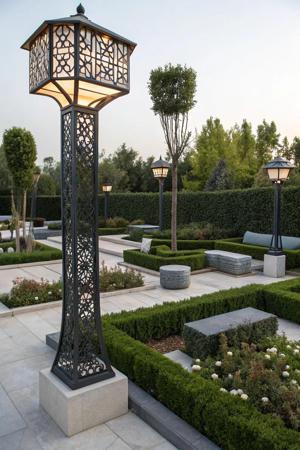 Geometric patterns on lamp posts add modern artistry.
