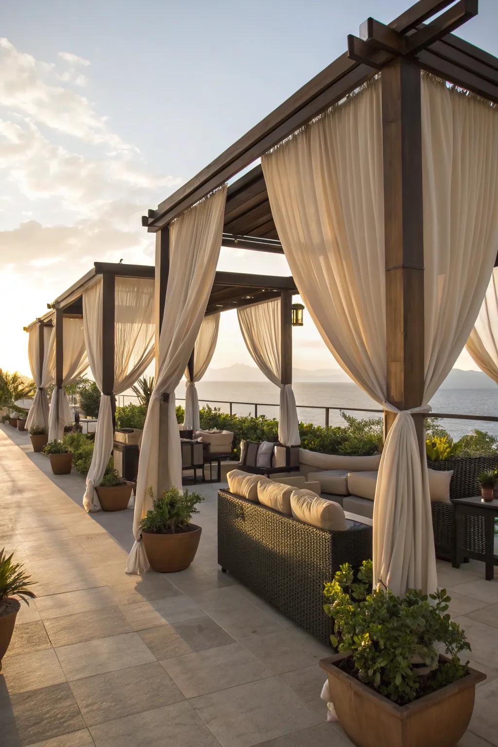 Fabric canopies offer shade and elegance.