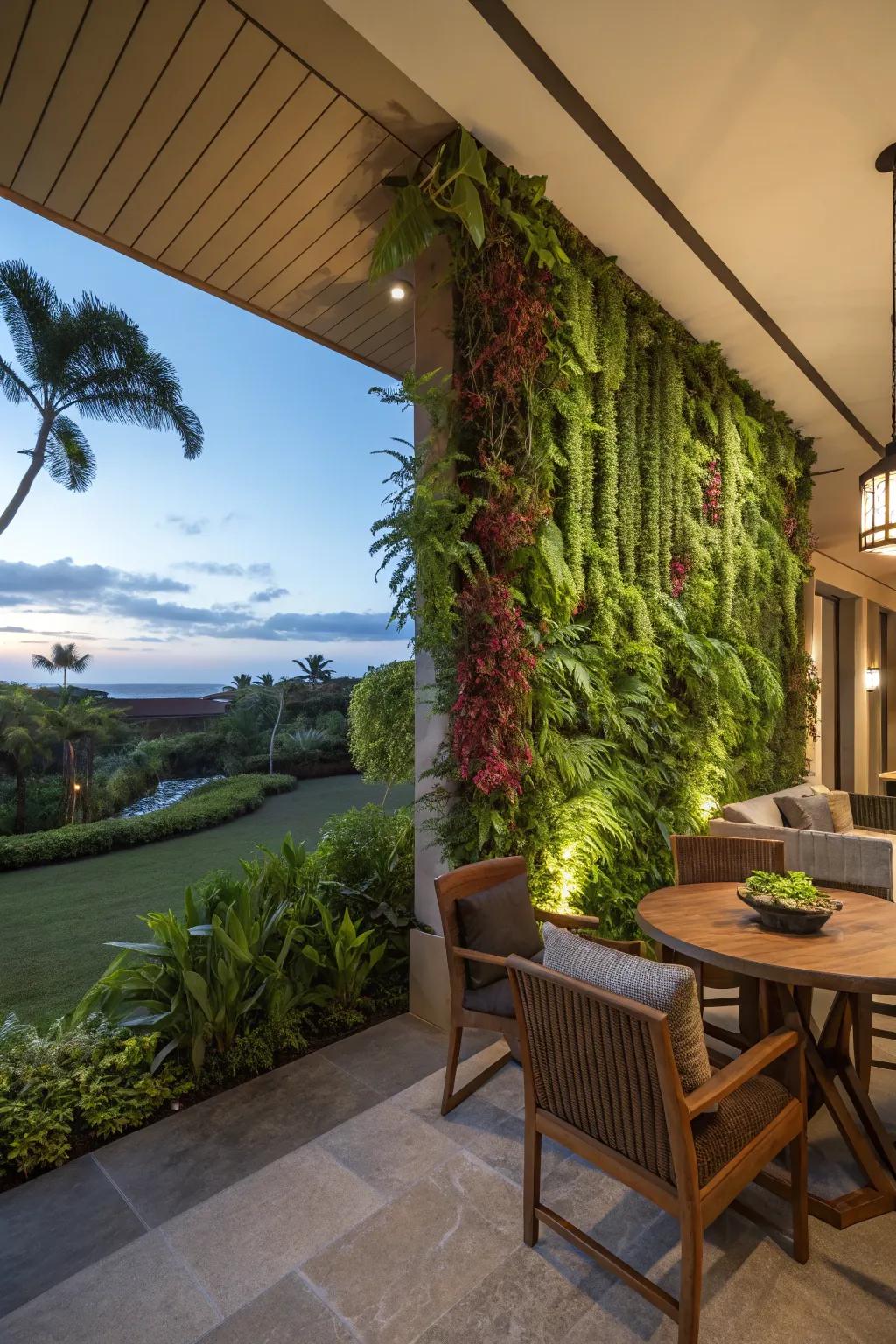 A vertical garden wall adds lush greenery to your lanai.