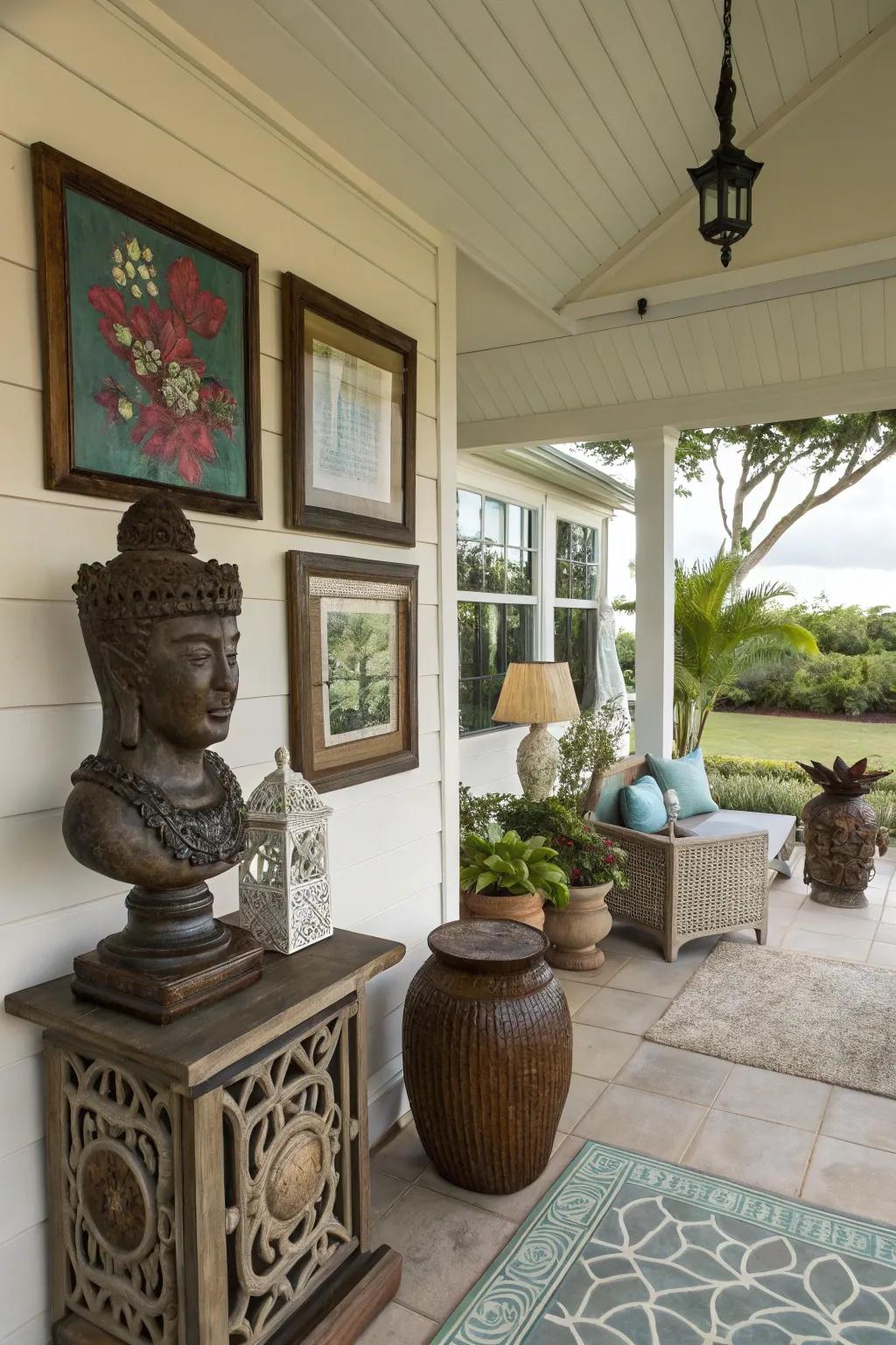 A lanai personalized with unique art and sculptures.