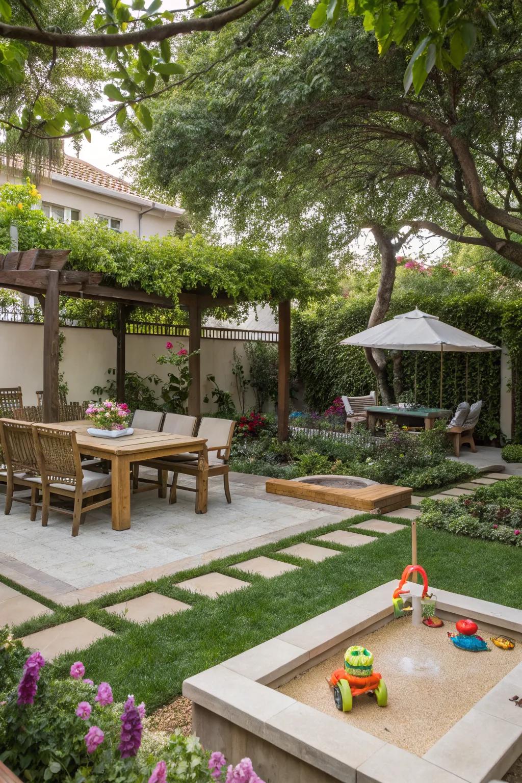 A multi-functional garden space catering to various activities.