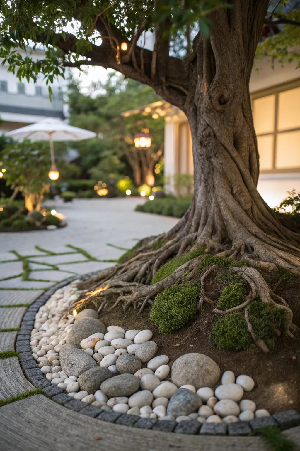 Exposed roots become a natural feature with artful stone placement.