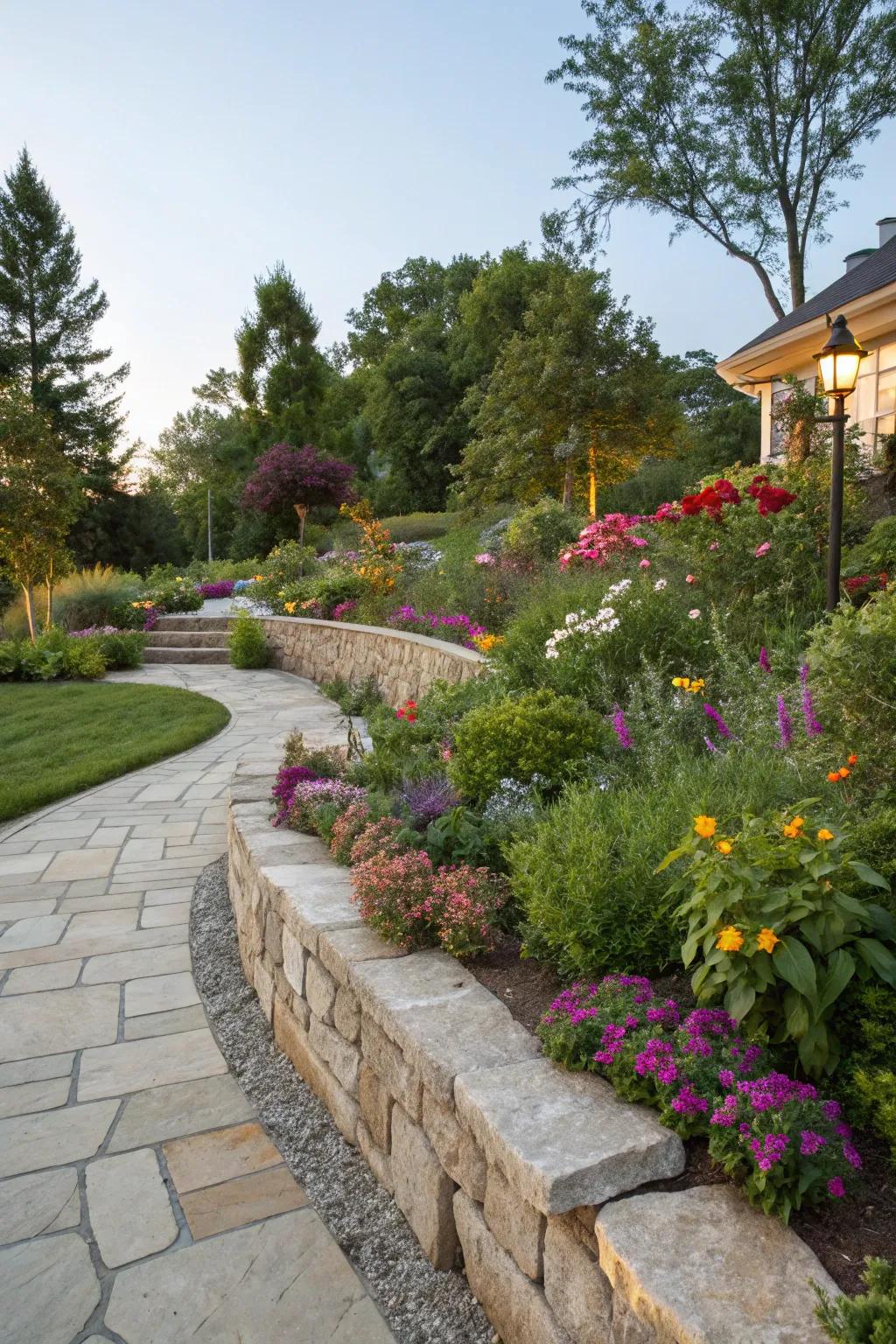 Stone edging with integrated planters for added interest.