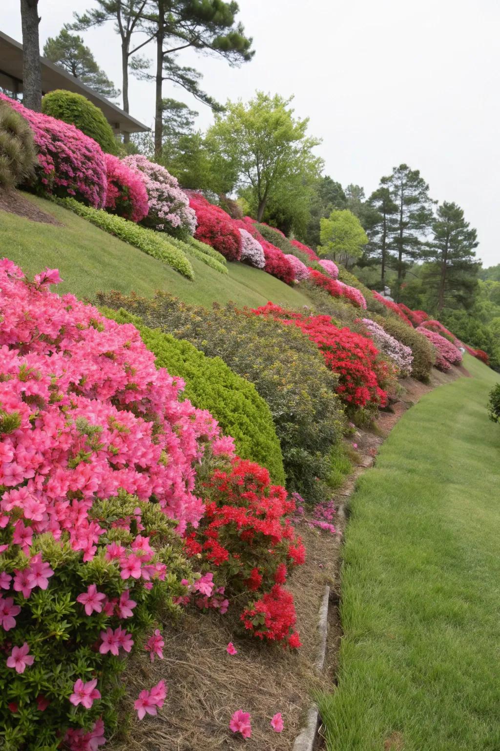 Sloped garden with Encore Azaleas providing erosion control.