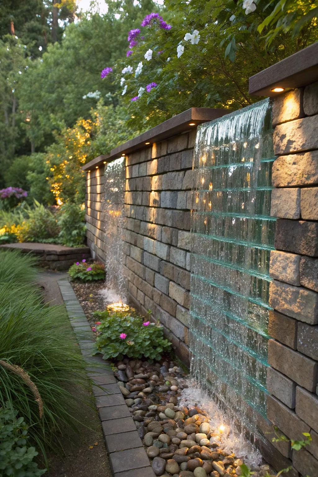 Glass arranged to mimic a waterfall brings motion and color to the garden.