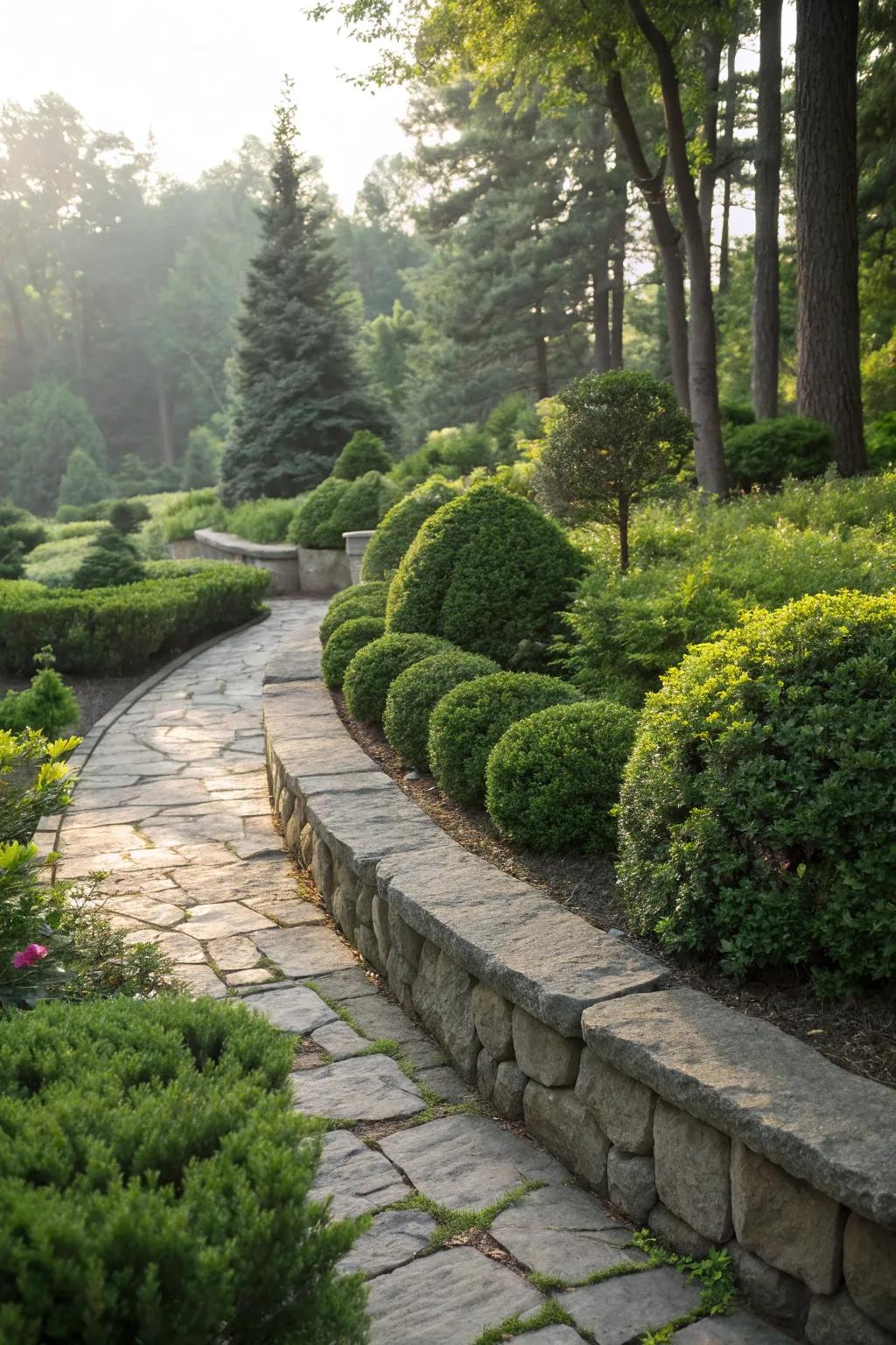 Evergreen plants with stone edging offer year-round beauty.