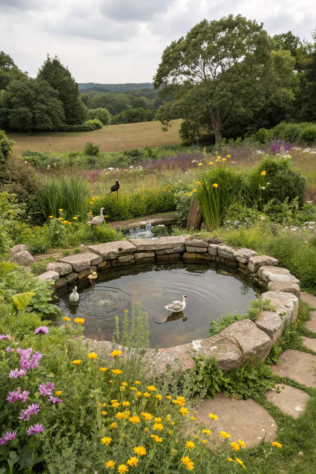 A serene natural stone pond bringing life to the garden.