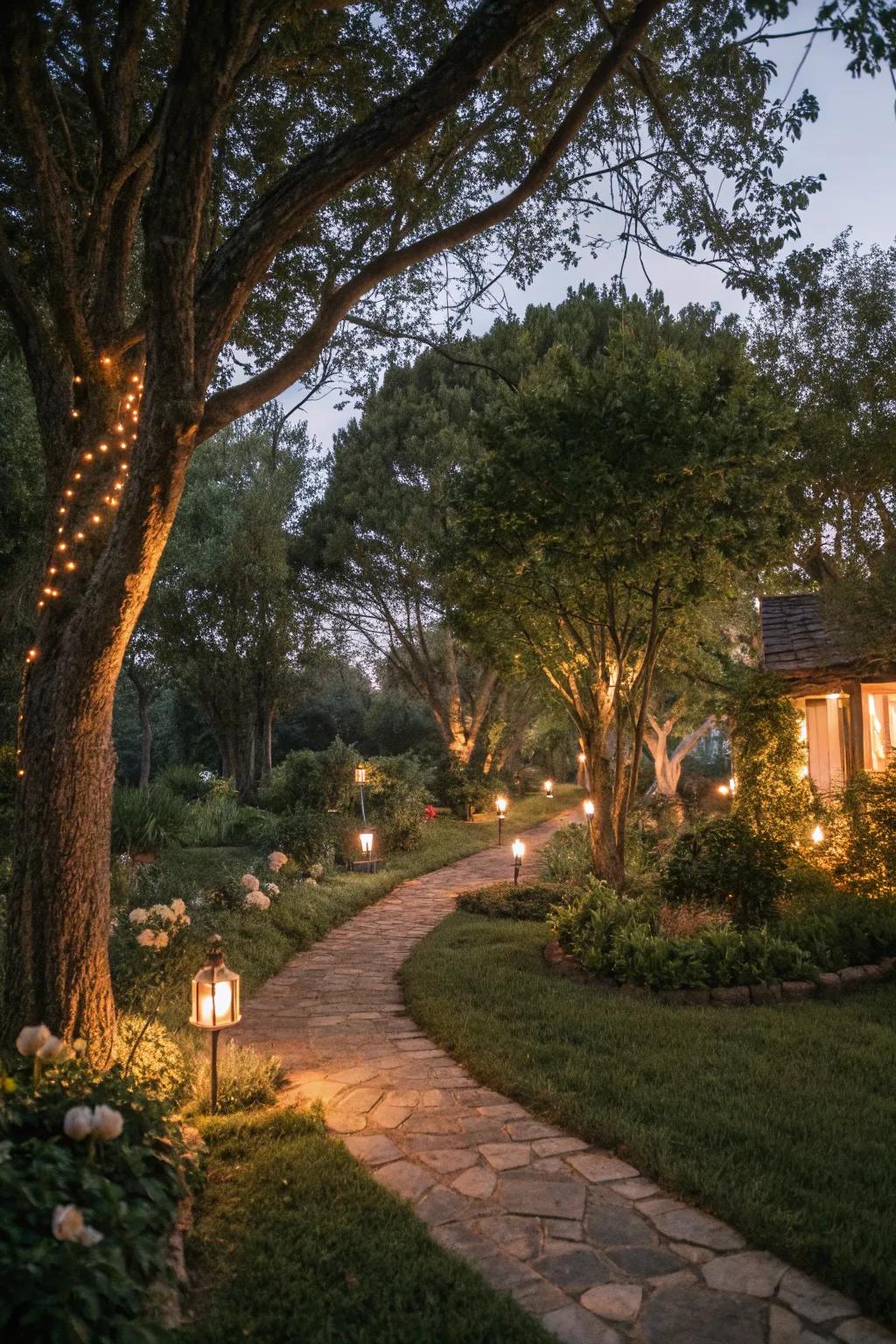 Soft lighting around trees transforms your garden at night.