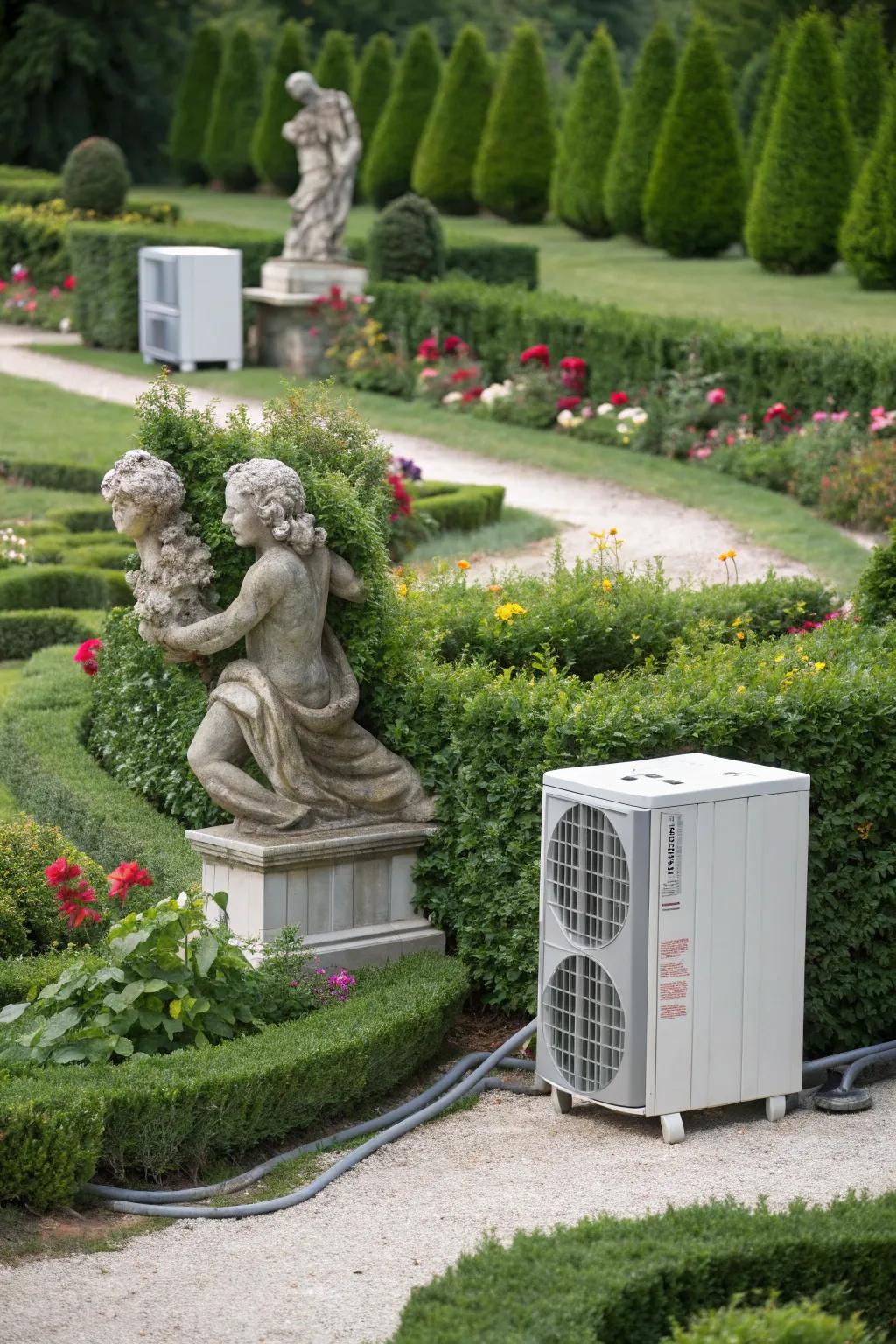 Artistic sculptures drawing attention away from an AC unit, adding unique flair.