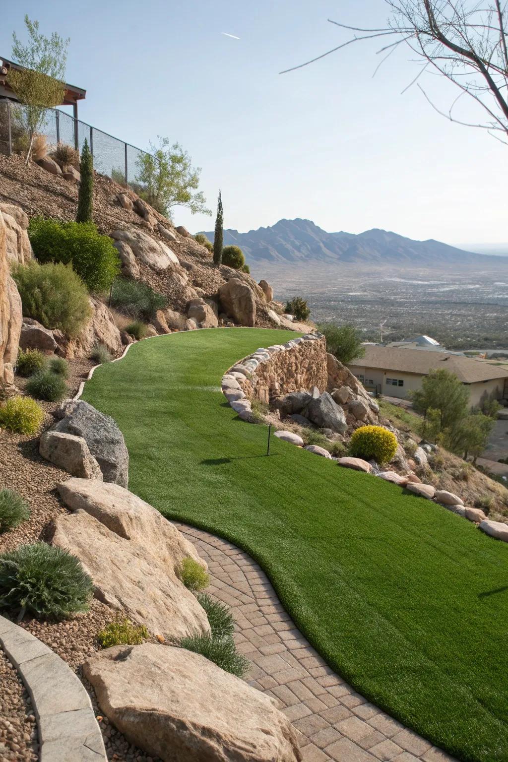 A picturesque hillside lawn with vibrant green grass and natural rock features.