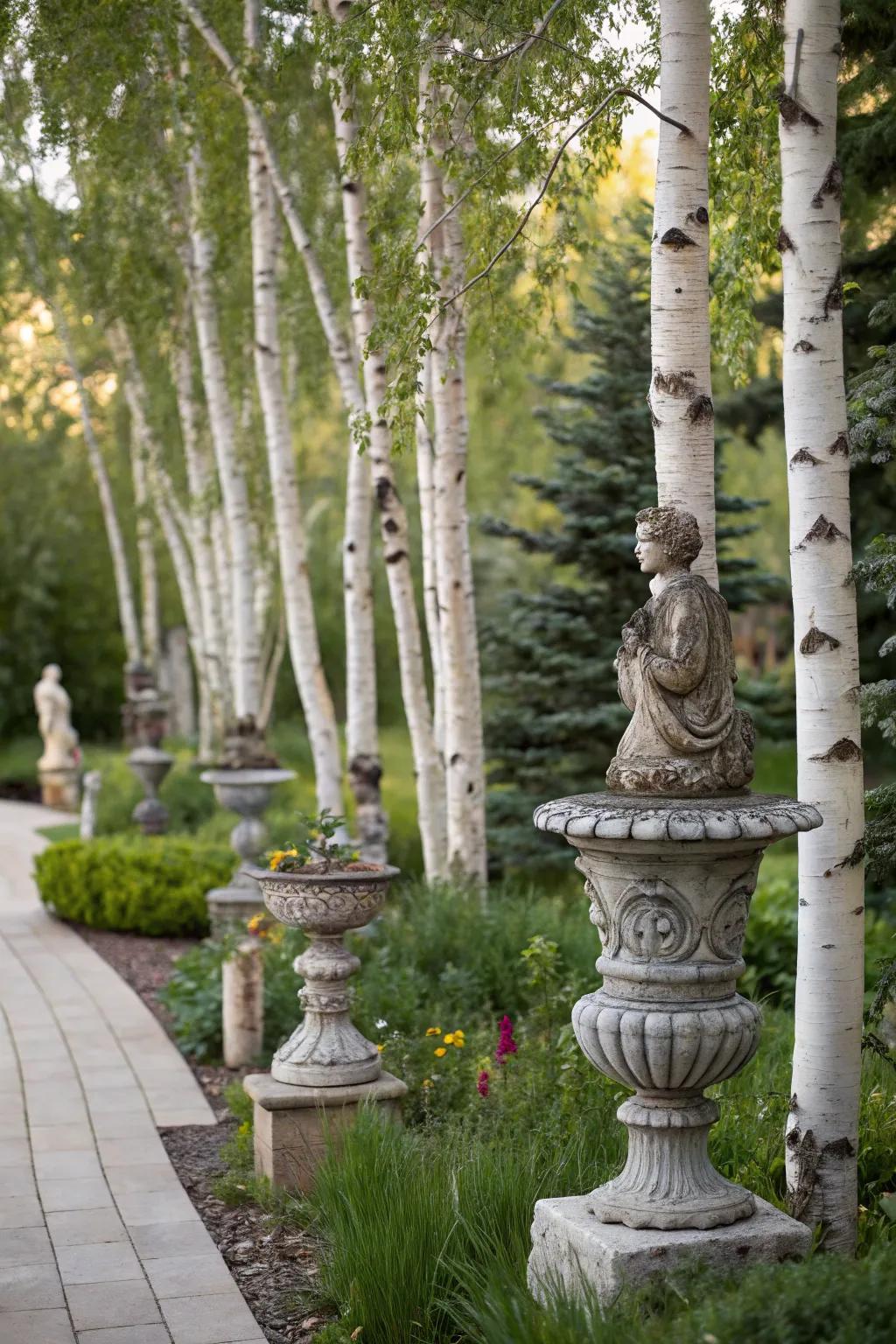 Sculptures bring an artistic flair and focal points to your birch tree garden.