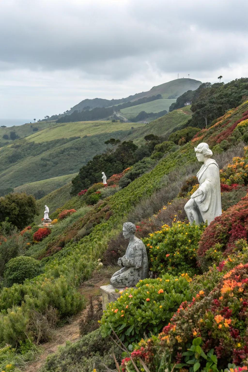 Art pieces add a personal touch to hillside gardens.