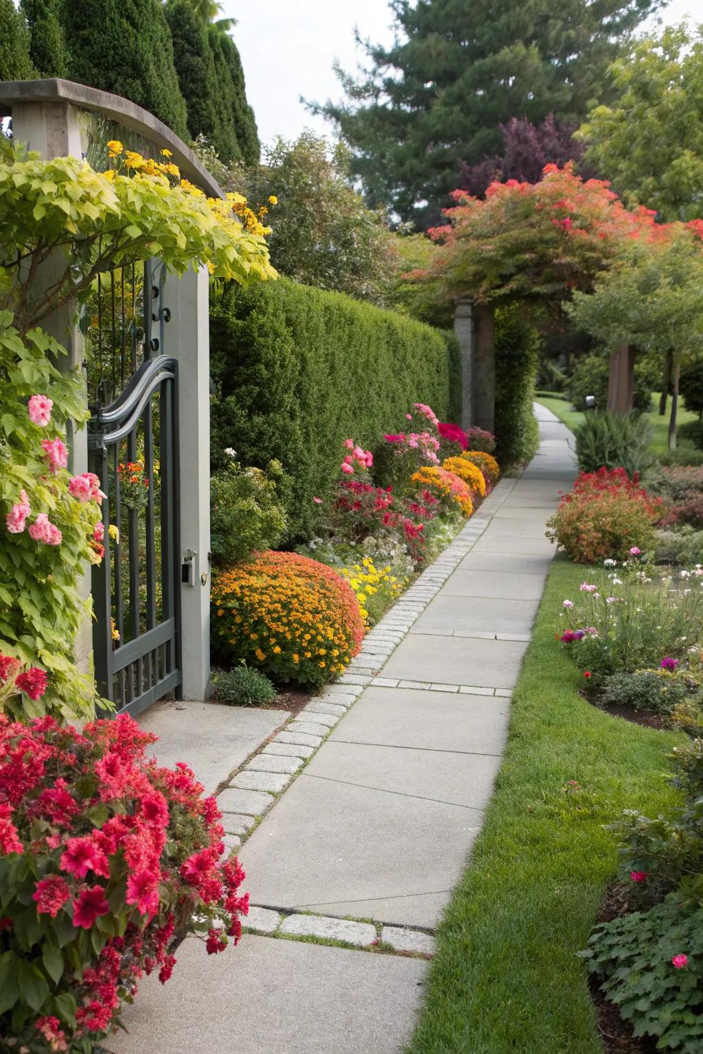 Seasonal plant rotation keeps your walkway vibrant and dynamic throughout the year.