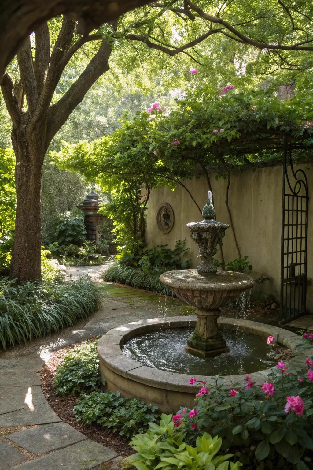 A water feature adds soothing sounds and life to shaded gardens.